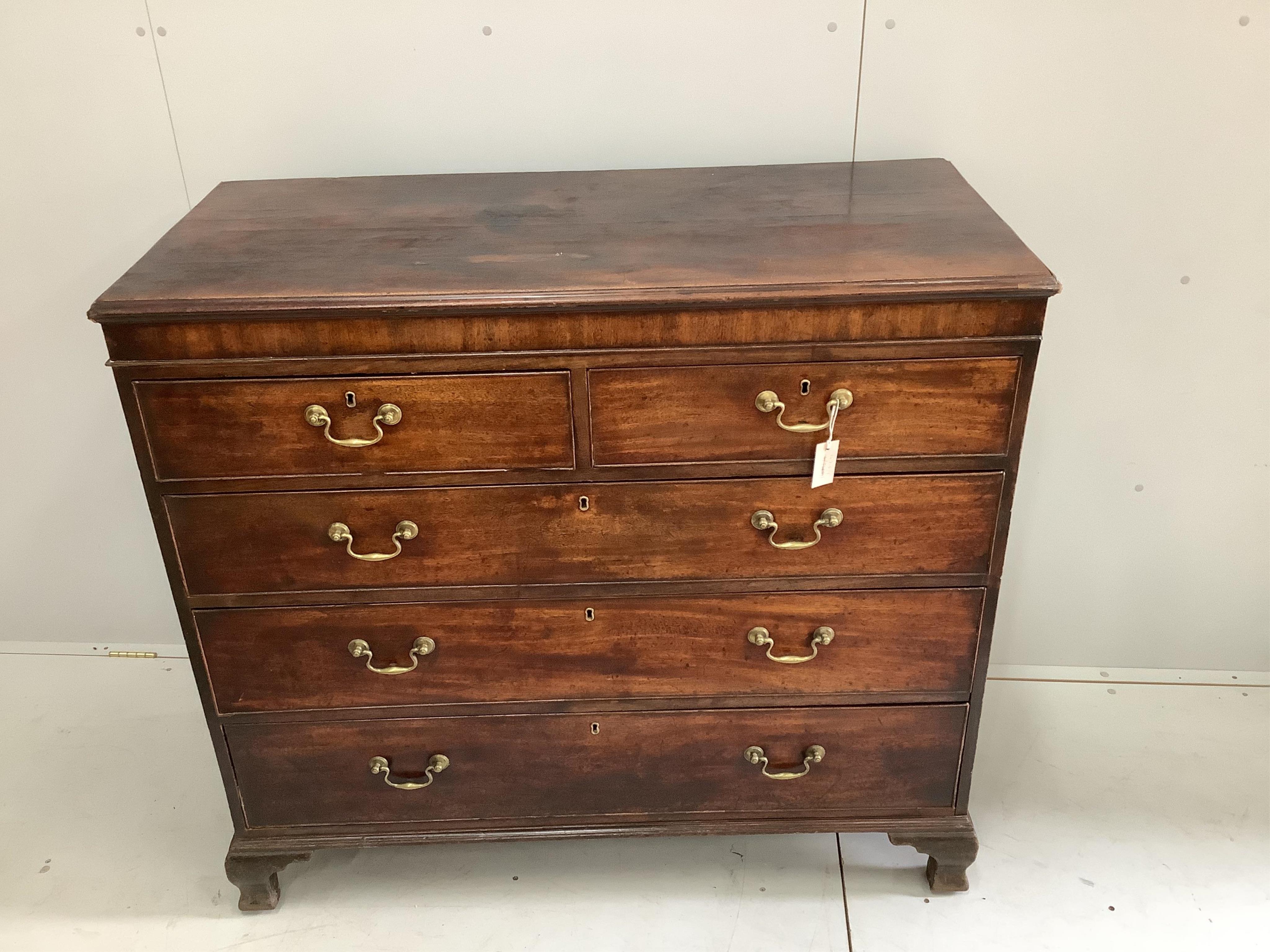 A George III mahogany chest of five drawers, width 124cm, depth 56cm, height 113cm. Condition - fair